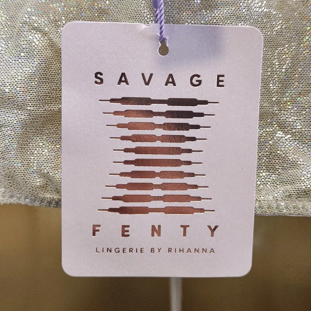 Savage X Fenty Small Gathered Mesh Crotchless Catsuit White Shimmer Gold Sheer‎